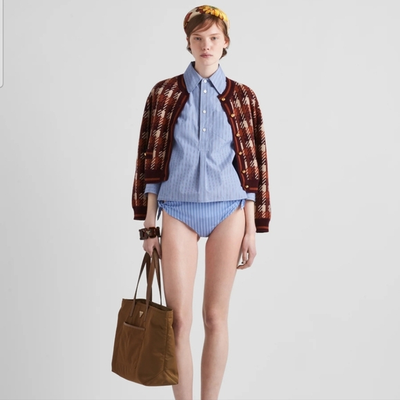 PRADA Vela Saffiano Leather Tessuto Tote Zip Green Enamel Triangle Logo Tan Bag - Picture 1 of 16